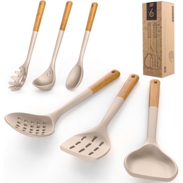 Large Silicone Cooking Utensils Set - Heat Resistant Silicone Kitchen Utensils for Cooking w Wooden Handles, Spatula Set, Kitchen Utensil Gadgets Sets for Non-Stick Cookware, BPA Free (Khaki)