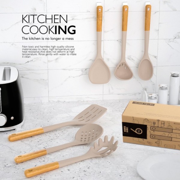 Large Silicone Cooking Utensils Set - Heat Resistant Silicone Kitchen Utensils for Cooking w Wooden Handles, Spatula Set, Kitchen Utensil Gadgets Sets for Non-Stick Cookware, BPA Free (Khaki)