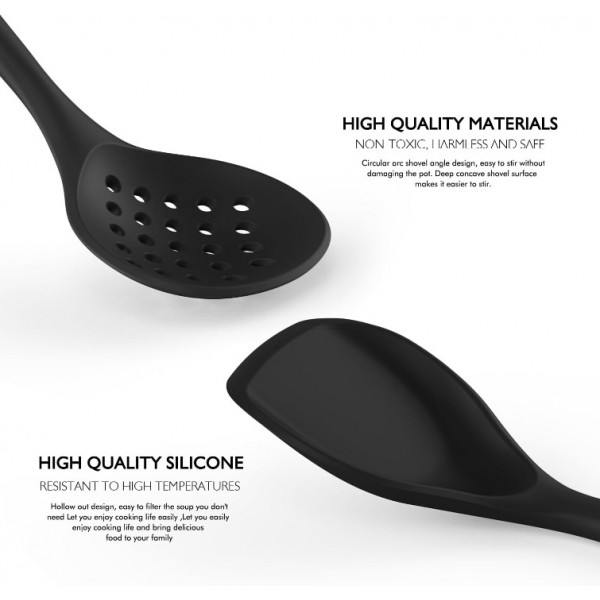 Large Silicone Cooking Utensils Set - Heat Resistant Silicone Kitchen Utensils for Cooking w Wooden Handles, Spatula Set, Kitchen Utensil Gadgets Sets for Non-Stick Cookware, BPA Free (Black)