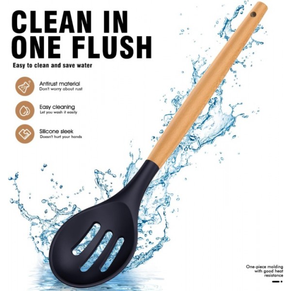 Silicone Cooking Utensils Set - Silicone Kitchen Utensils for Cooking Wooden Handles, 446°F Heat Resistant Kitchen Utensil Spatula Sets w Holder, Gadgets for Non-Stick Cookware BPA FREE (Navy Blue)