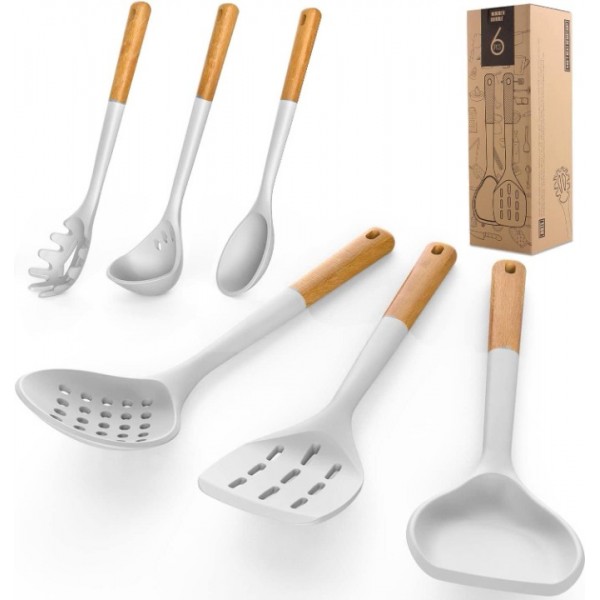 Large Silicone Cooking Utensils Set - Heat Resistant Silicone Kitchen Utensils for Cooking w Wooden Handles, Spatula Set, Kitchen Utensil Gadgets Sets for Non-Stick Cookware, BPA Free (White)